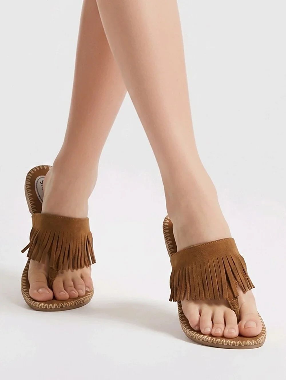 Stevies Fringe Sandals Brown Faux Suede Boho Festival Slides 5/6 Coastal Cowgirl